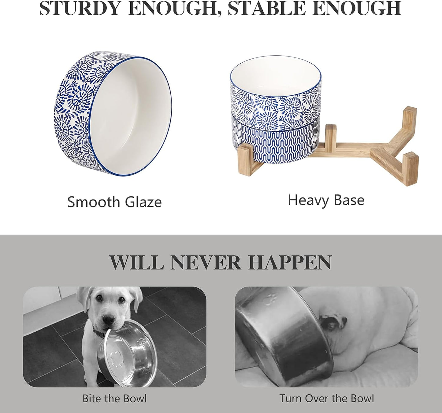 Selamica Ceramic 14 OZ Dog Bowls, Dog Food and Water Bowls with Wooden Stand, Anti-Slip Dog Dishes Set for Cats & Small Dogs, Weighted Pet Bowls Set of 2, Vintage Blue B