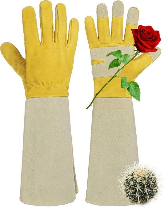 HANDLANDY Rose Pruning Gardening Gloves for Men Women, Thorn Proof Forearm Protection Leather Garden Gloves, Gardening Gifts for Gardeners (Yellow- Goatskin, X-Large (Pack of 1))