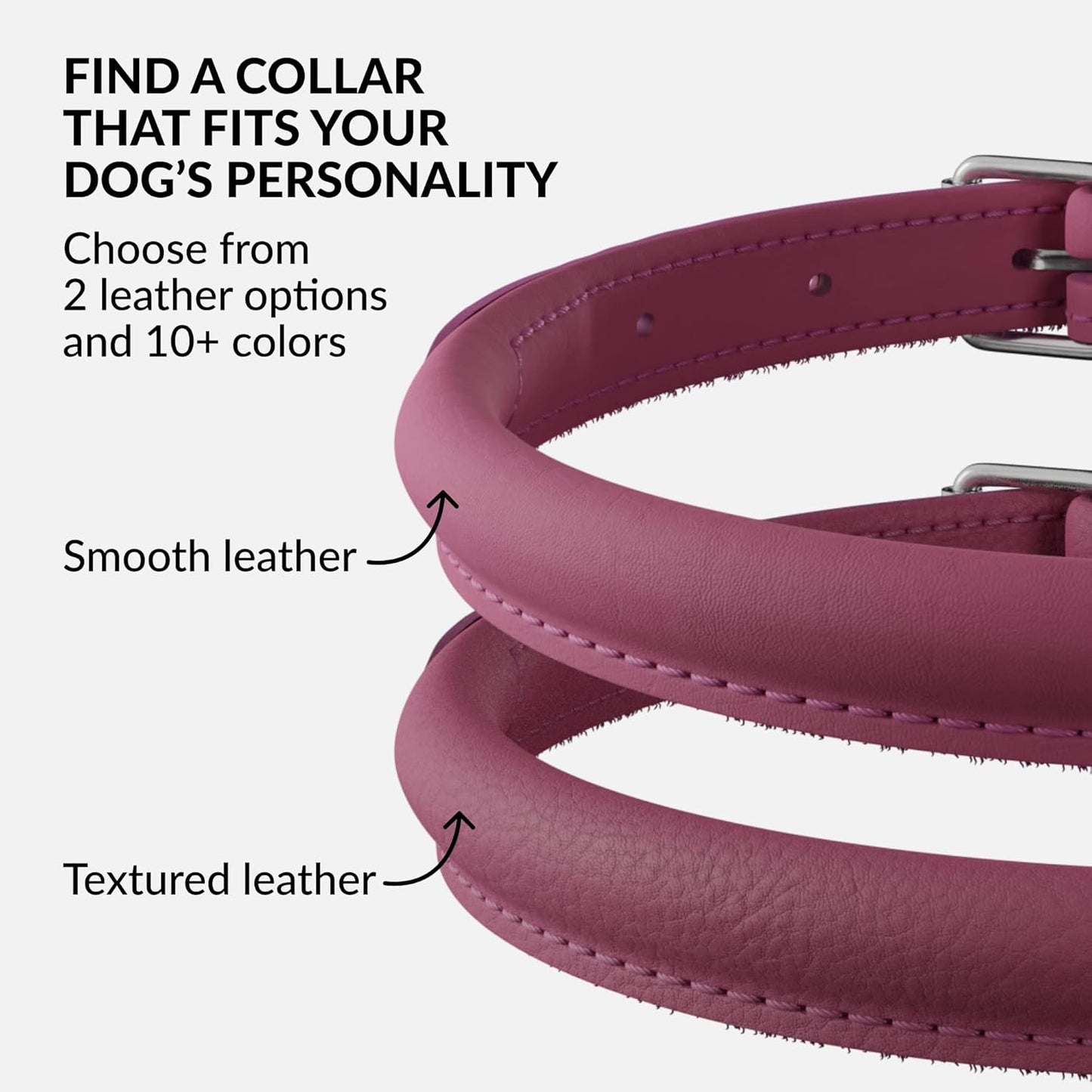 CollarDirect Rolled Leather Dog Collar, Soft Padded Round Puppy Collar, Handmade Genuine Leather Collar Dog Small Large Cat Collars 13 Colors (8-11 Inch, Pink Smooth)