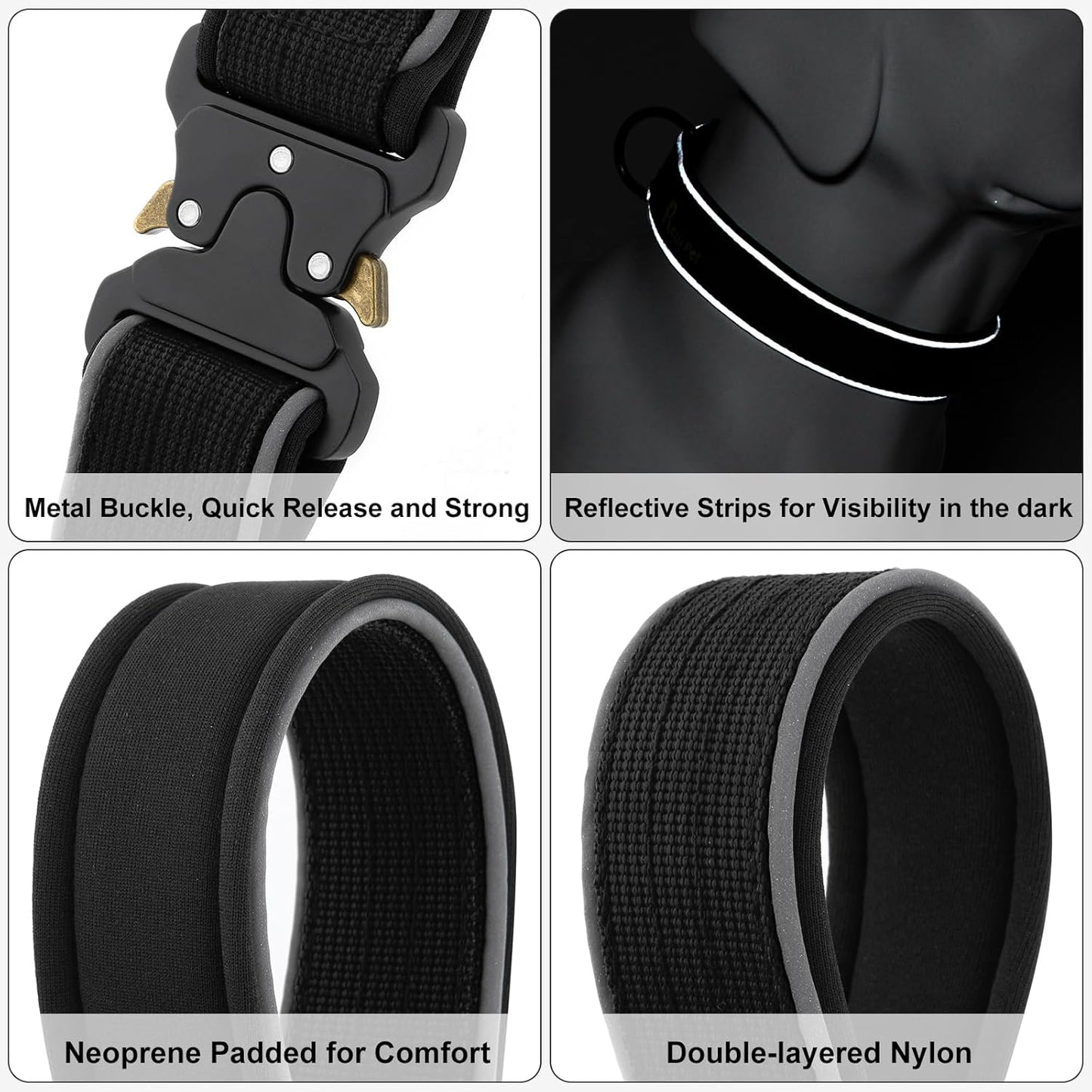 Plutus Pet Tactical Dog Collar, Reflective, Adjustable Heavy Duty Dog Collar, Soft Padded and Comfortable, for Small Medium and Large Dogs (Black, S)