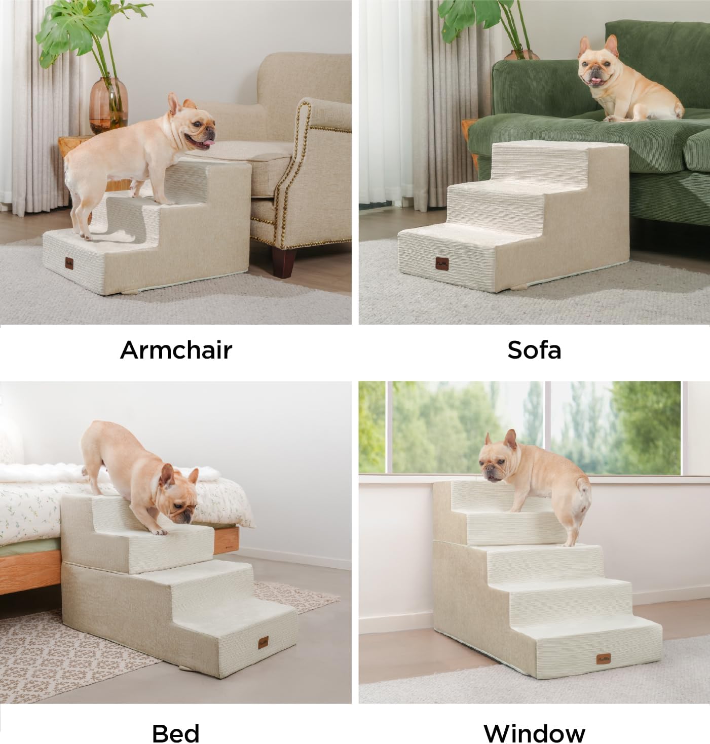 Made4Pets Dog Steps for Bed, Extra Wide Dog Stairs for High Bed Couch Sofa, 35D Foam Pet Steps for Small Dogs and Cats, Non-Slip Bottom Pet Stairs, Beige, 4 Steps