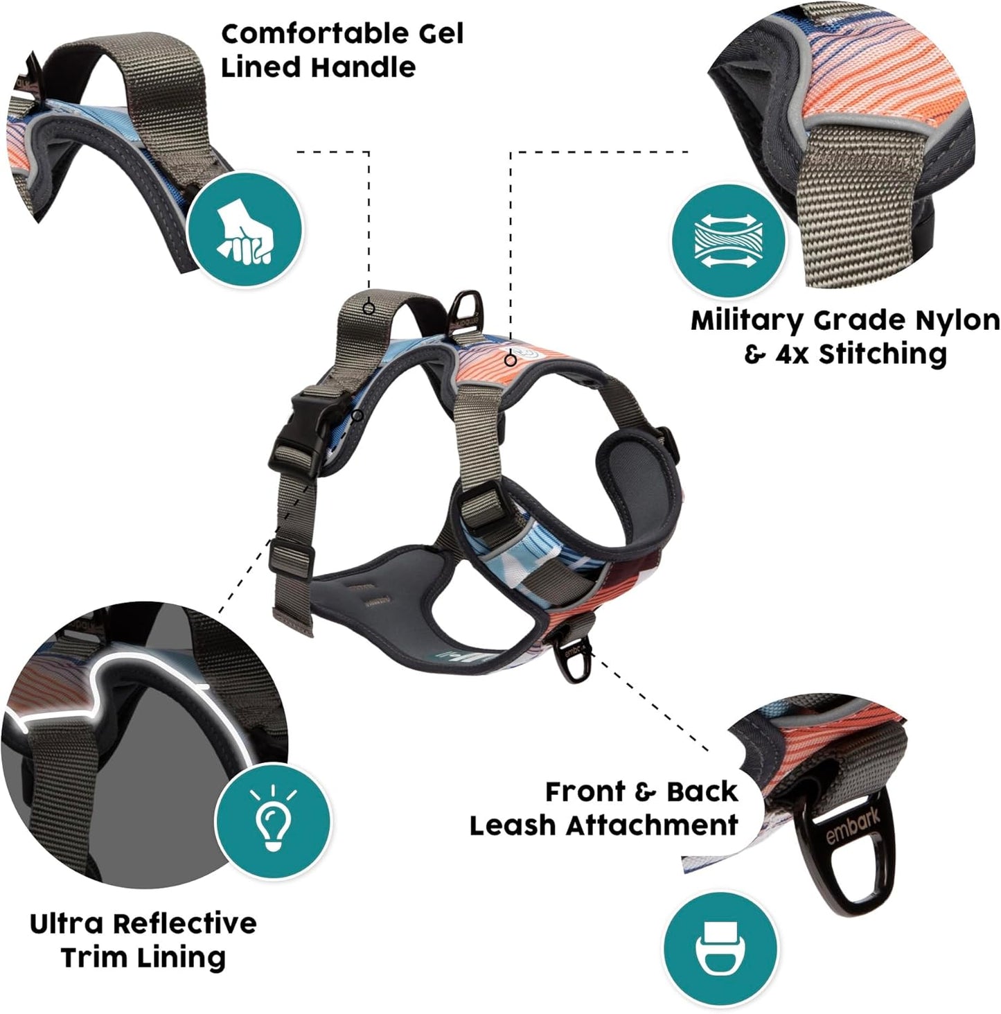Embark Adventure Dog Harness, Reflective Trim No Pull Dog Harness Medium Sized Dogs - Military Grade Nylon, Front Clip with Gel Lined Handle.