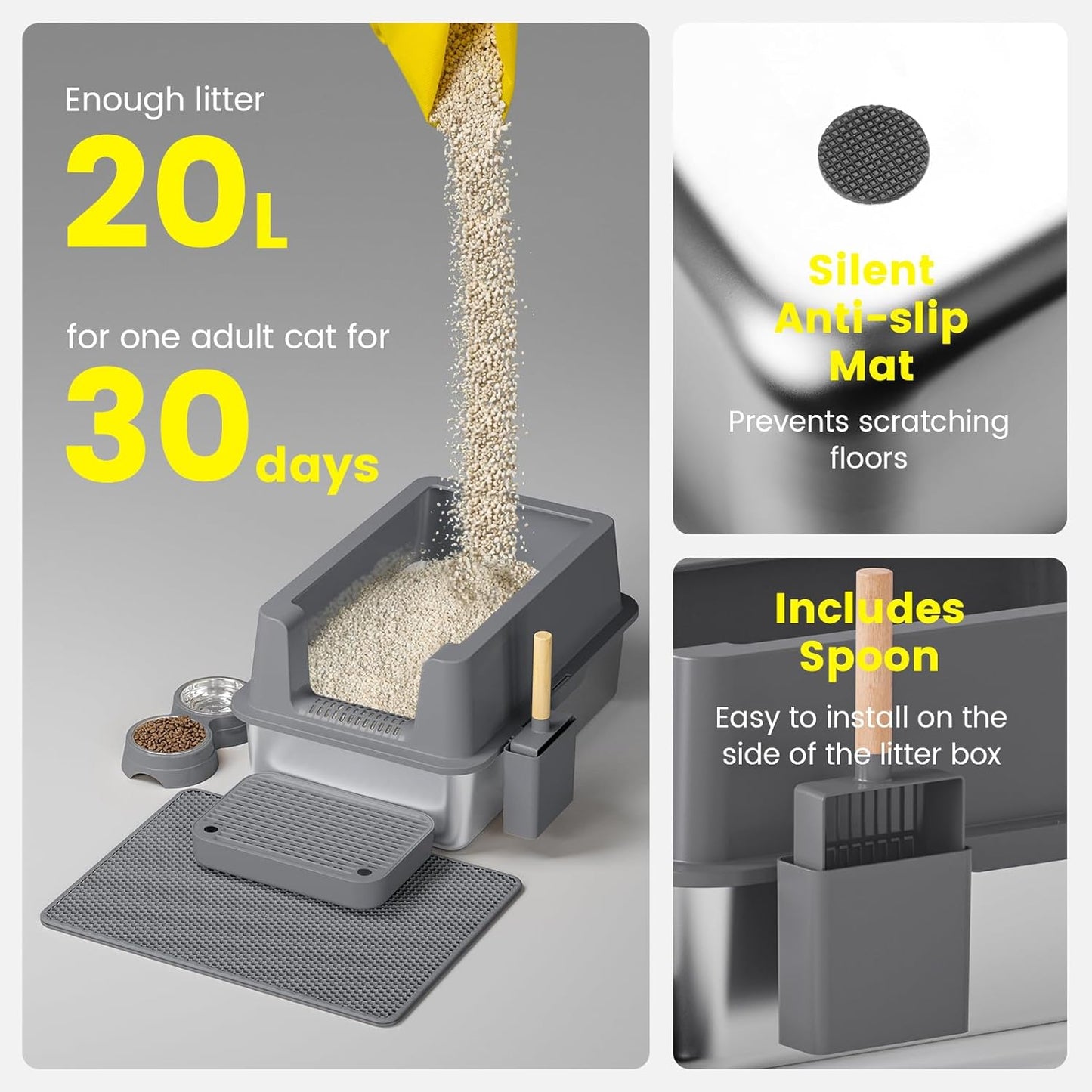 Stainless Steel Cat Litter Box - Enclosed XL Metal Kitty Litter Box with Lid for Big Cats, High Sided, Anti-Leakage, Easy Cleaning, Non-Sticky, Included Litter Mat, Cat Bowl & Spoon