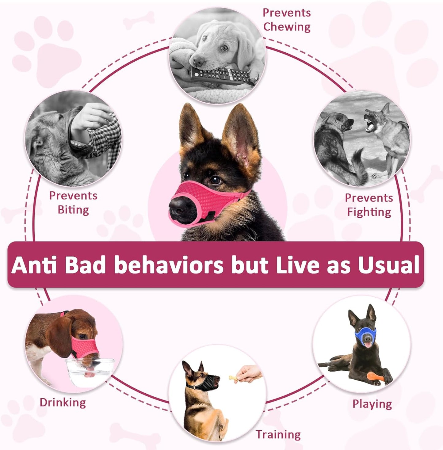 LUCKYPAW Soft Muzzle for Medium Large Sized Dogs Beagle Labrador German Shepherd, Dog Muzzle to Prevent Biting Chewing, Adjustable Breathable Mouth Guard for Grooming Walking Training(Hot Pink, XL)