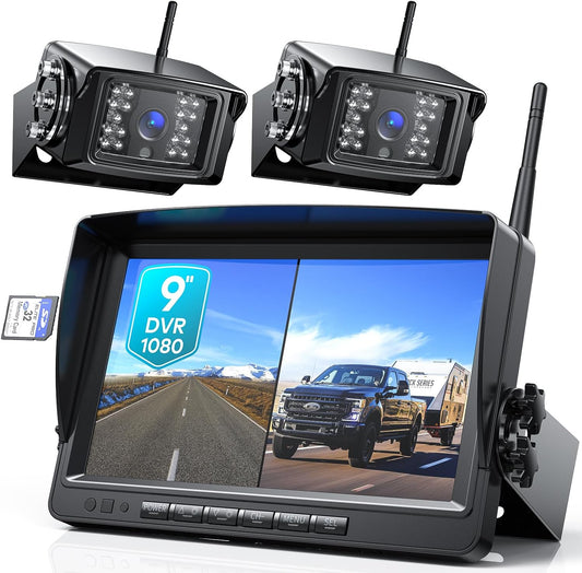 Fookoo 1080P 9" Wireless Backup Camera System, 9" HD Dual/Quad Split Monitor with Recording, IP69 Waterproof Rear View Front View Cameras with Parking Lines, Suits for RV/Truck/Trailer/Van/Bus(DW902)
