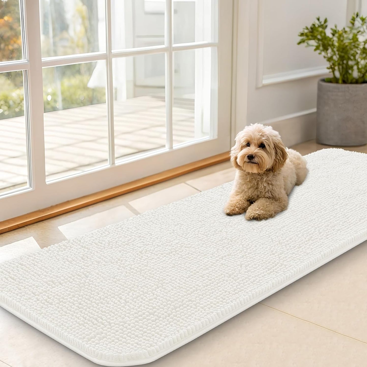 OLANLY Dog Door Mat for Muddy Paws 59x20, Absorbs Moisture and Dirt, Absorbent Non-Slip Washable Doormat, Quick Dry Chenille Mud Mat for Dogs, Entry Indoor Entryway Carpet for Inside Floor, Ivory