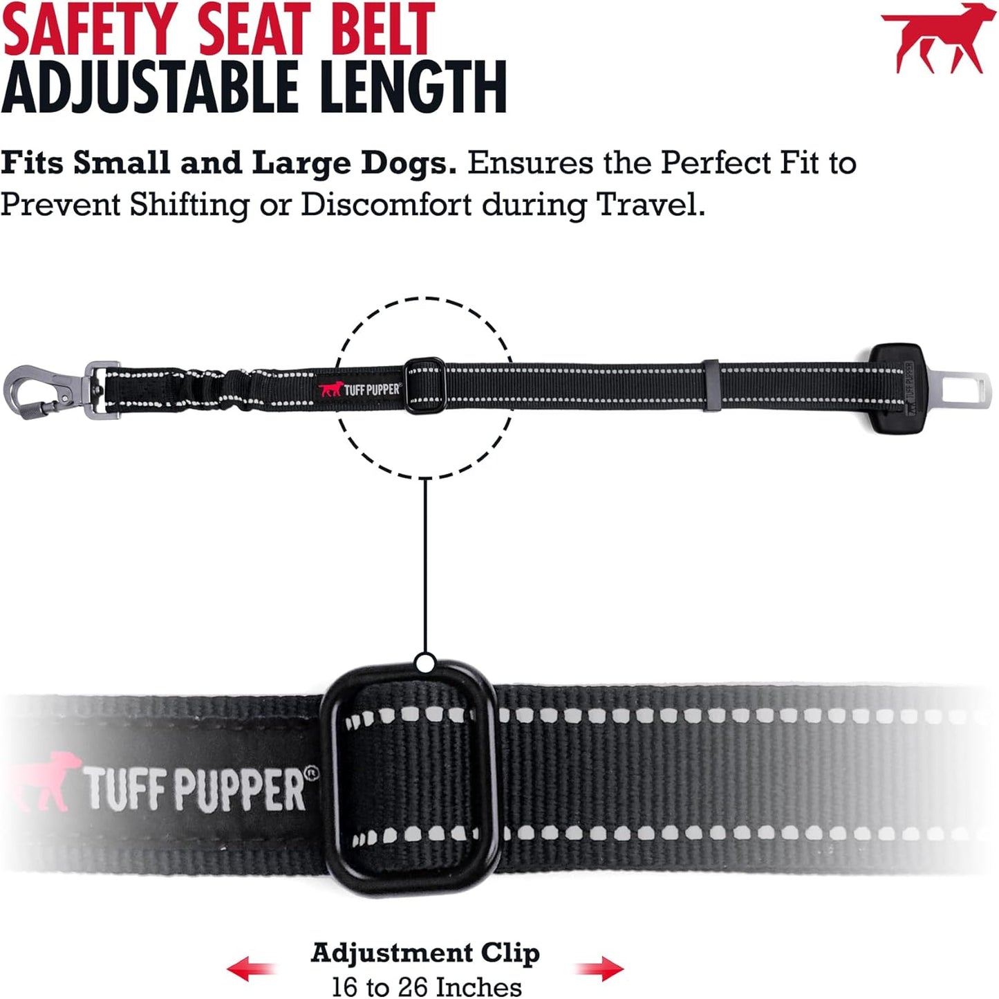 Tuff Pupper Dog Seat Belt | Adjustable Length Dog Seatbelt Restraint | Tangle-Free Locking Carabiner | Shock-Absorbing Bungee | Reflective Stitching for Visibility | Universal Fit for Cars & Trucks