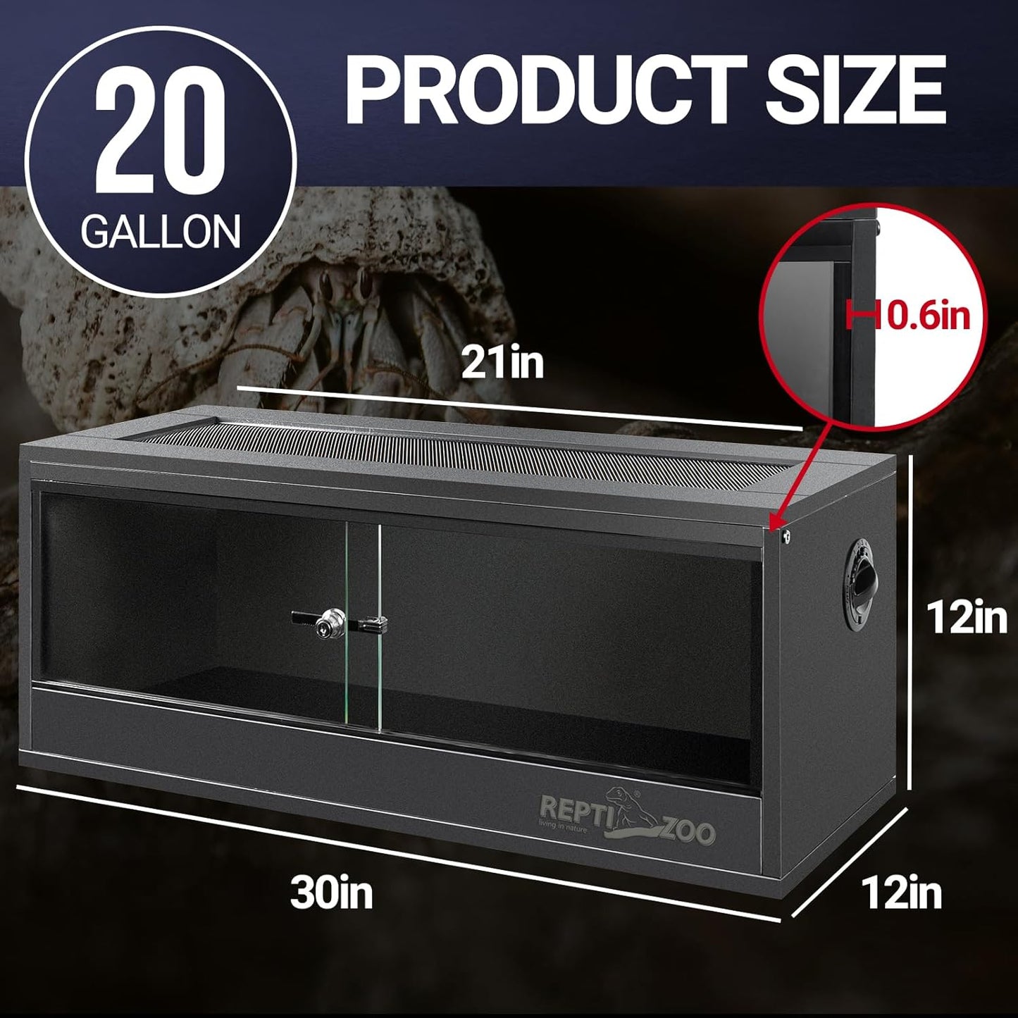 REPTI ZOO 20 Gallon PVC Reptile Tank, 30x12x12 inch Reptile Terrarium for Crested Gecko Frog Lizard Snake Turtle Hermit Crab, Leopard Gecko Enclosure with Sliding Door & Screen Ventilation