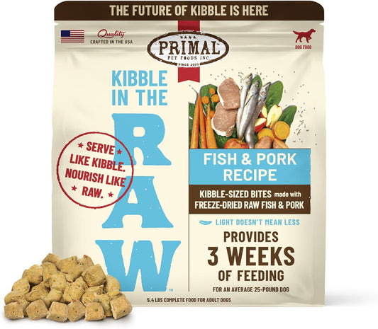 Primal Kibble in The Raw, Freeze Dried Dog Food, Fish & Pork, Scoop & Serve, Made with Raw Protein, Whole Ingredient Nutrition, Crafted in The USA, Dry Dog Food 5.4 lb Bag