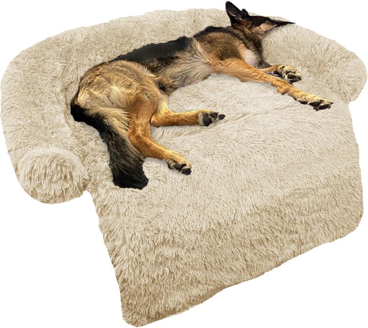 Calming Dog Bed Fluffy Plush Dog Mat for Furniture Protector with Removable Washable Cover for Large Medium Small Dogs and Cats (Large, Beige)