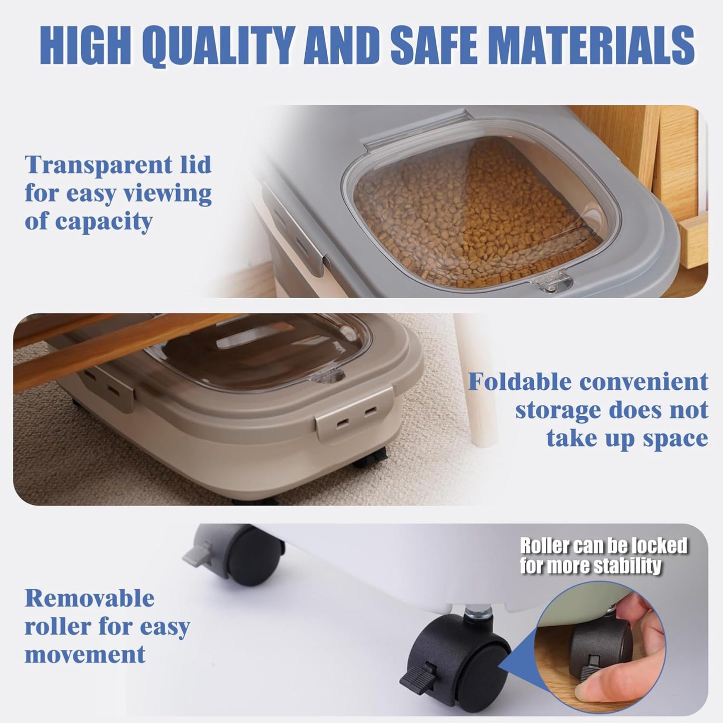 Collapsible Dog Food Storage Container with Lids, Airtight Rice Flour Cereal Sugar Cat Pet Bird Seed Containers Bin Bucket with Rolling Wheel, 20 25 30 Lbs Pound Plastic Sealable Kitchen Pantry Holder