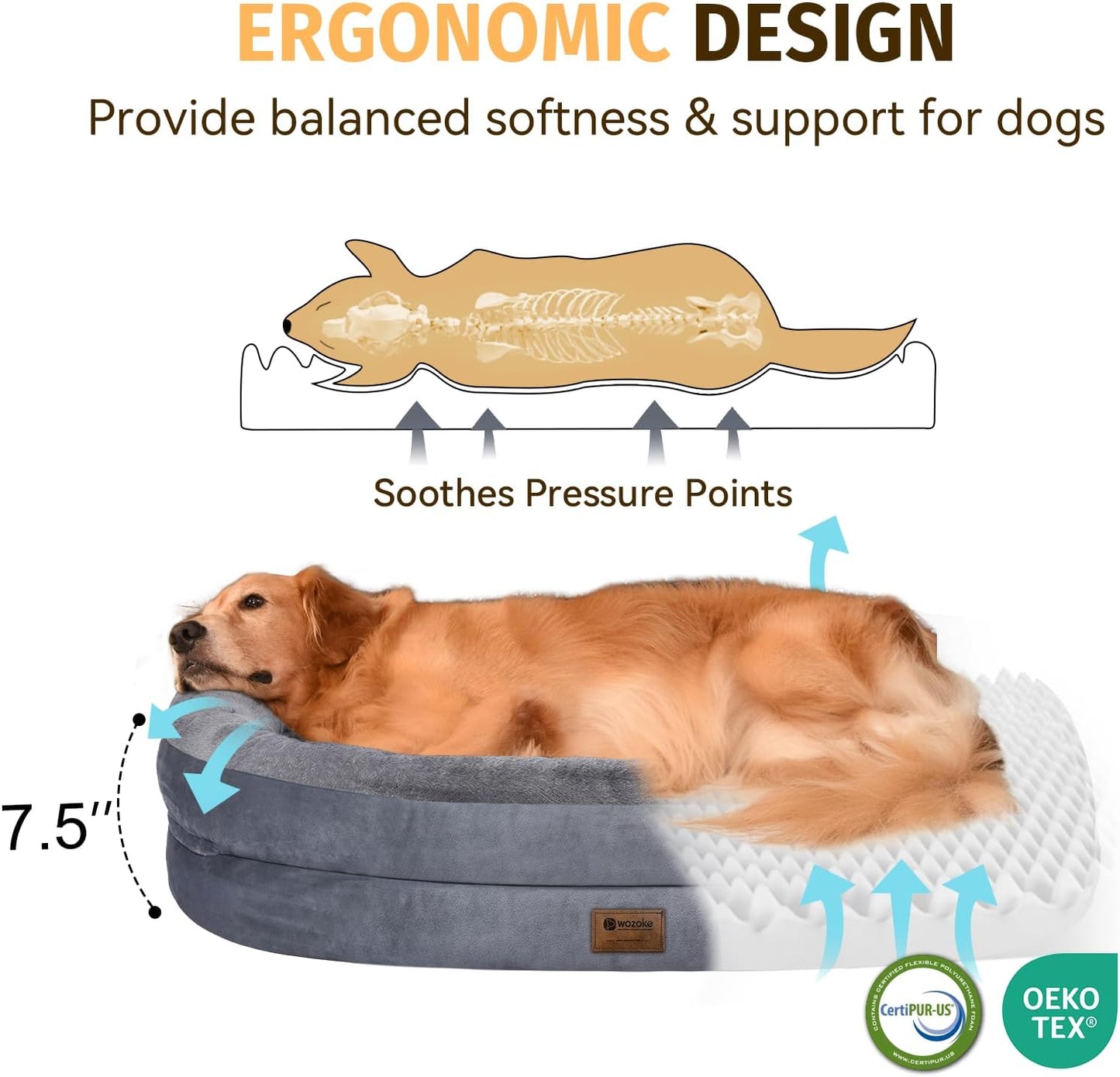 Orthopedic Waterproof Large Dog Bed: Washable Dog Bed with Bolsters - XXL Orthopedic Removable Cover for Medium Large Sized Pet - Non-Slip