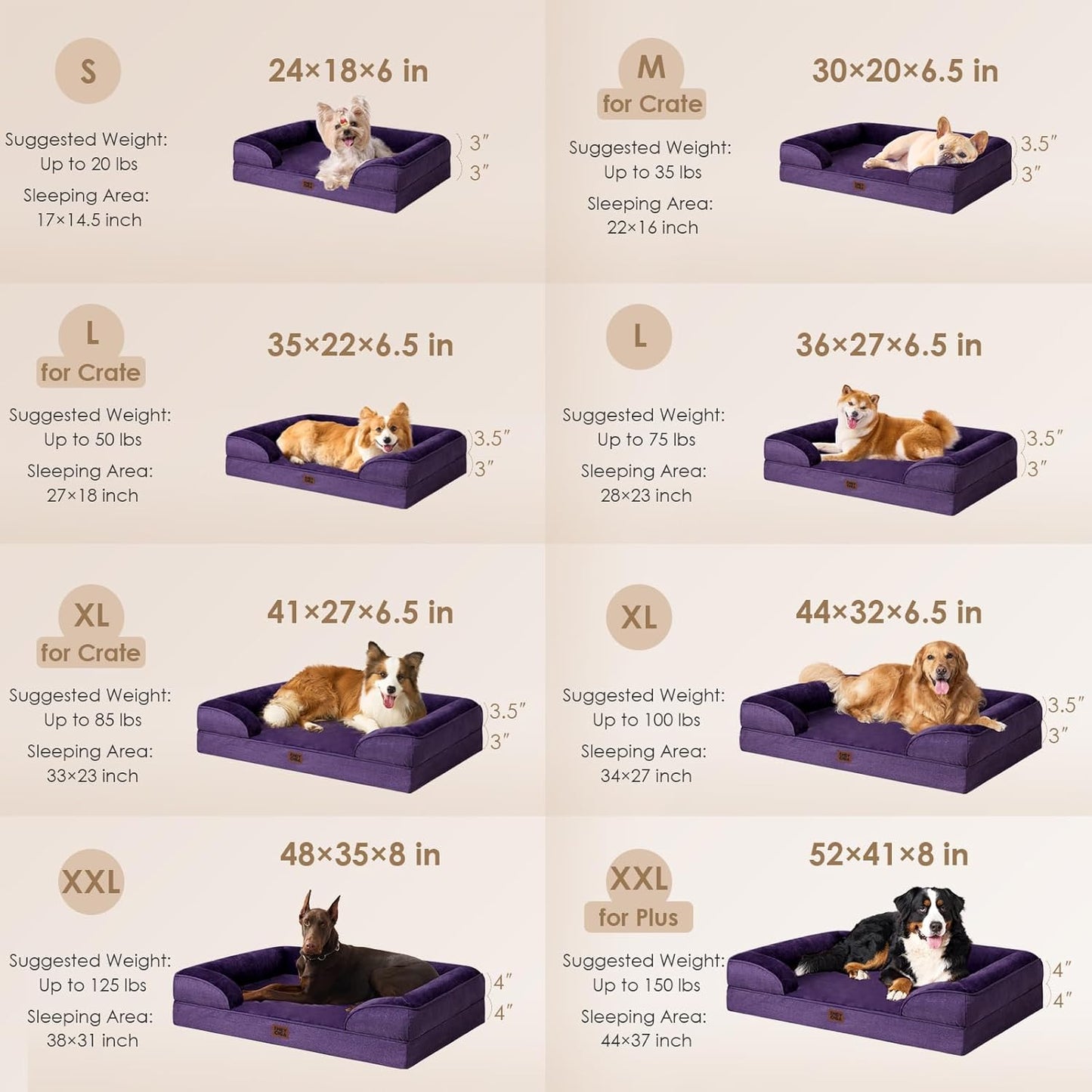 EHEYCIGA Orthopedic Dog Bed for Medium Dogs, Waterproof Memory Foam Medium Dog Beds with Sides, Non-Slip Bottom and Egg-Crate Foam Pet Couch Bed with Washable Removable Cover, Purple