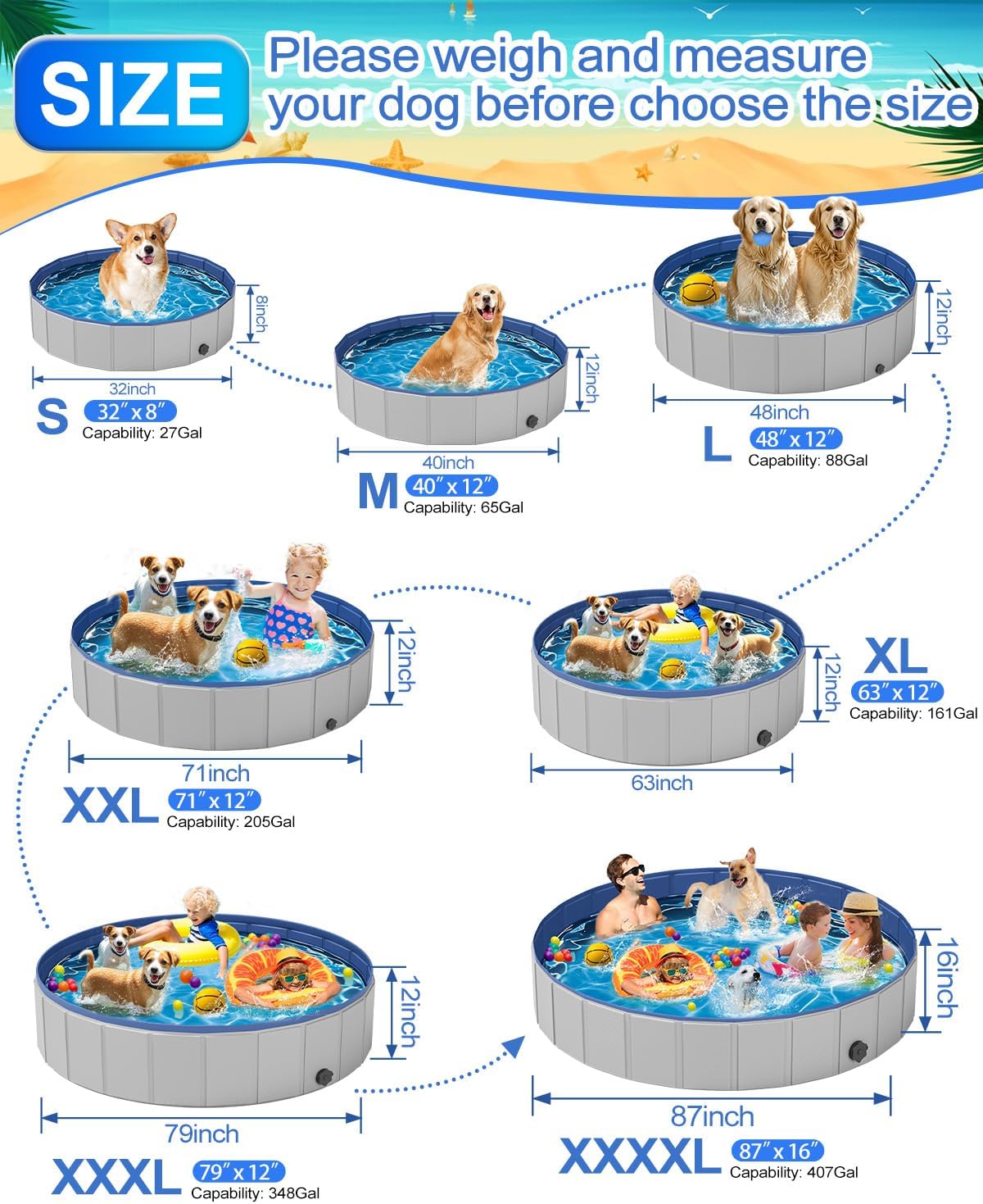 Dog Pool for Large Dogs, Foldable Plastic Pool for Dogs Slip-Resistant (47.2''x 12'')