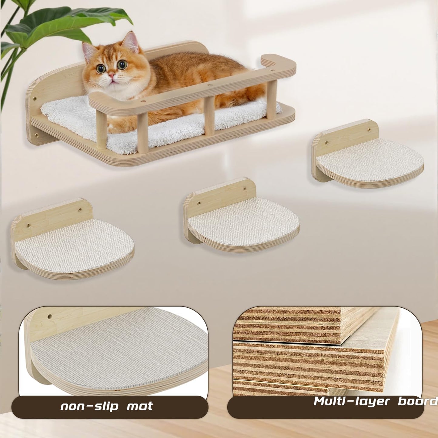 MeowHomm Cat Wall Shelves, Wood Cat Shelf with 3 Steps, Non-Slip Wall-Mounted Furniture for Kittens