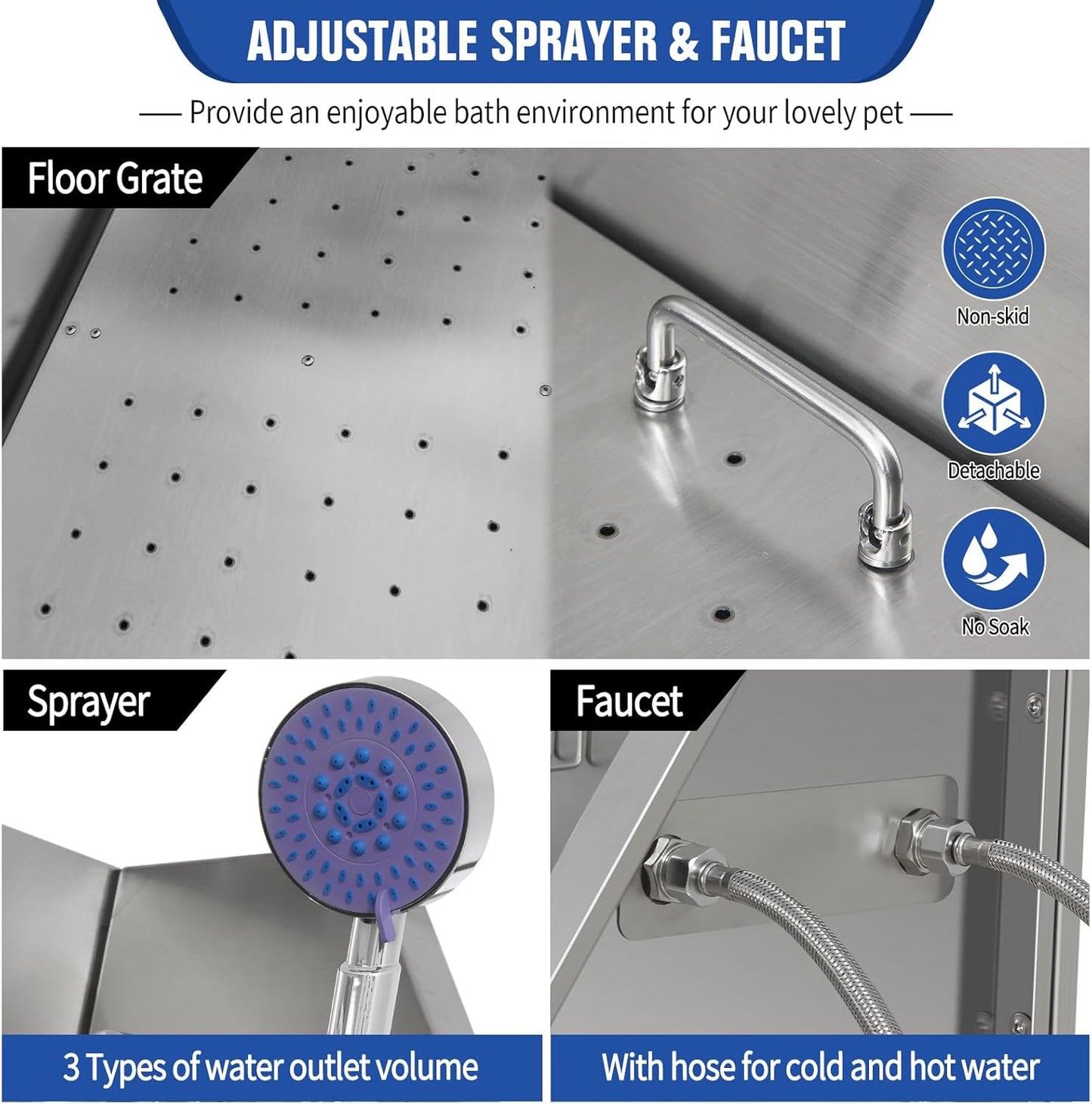 Stainless Steel Dog Washing Station, Pet Grooming Tub W/Storage Stairs, Faucet & Showerhead & Soap Holder Dog Bathtub for Large & Medium & Small Pets,34" R-RAMP