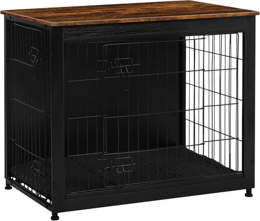 DWANTON Dog Crate Furniture with Cushion, Wooden Kennel Table with Double Doors, Indoor Dog House, Medium Size, 32.5" L, Black+Rustic Brown