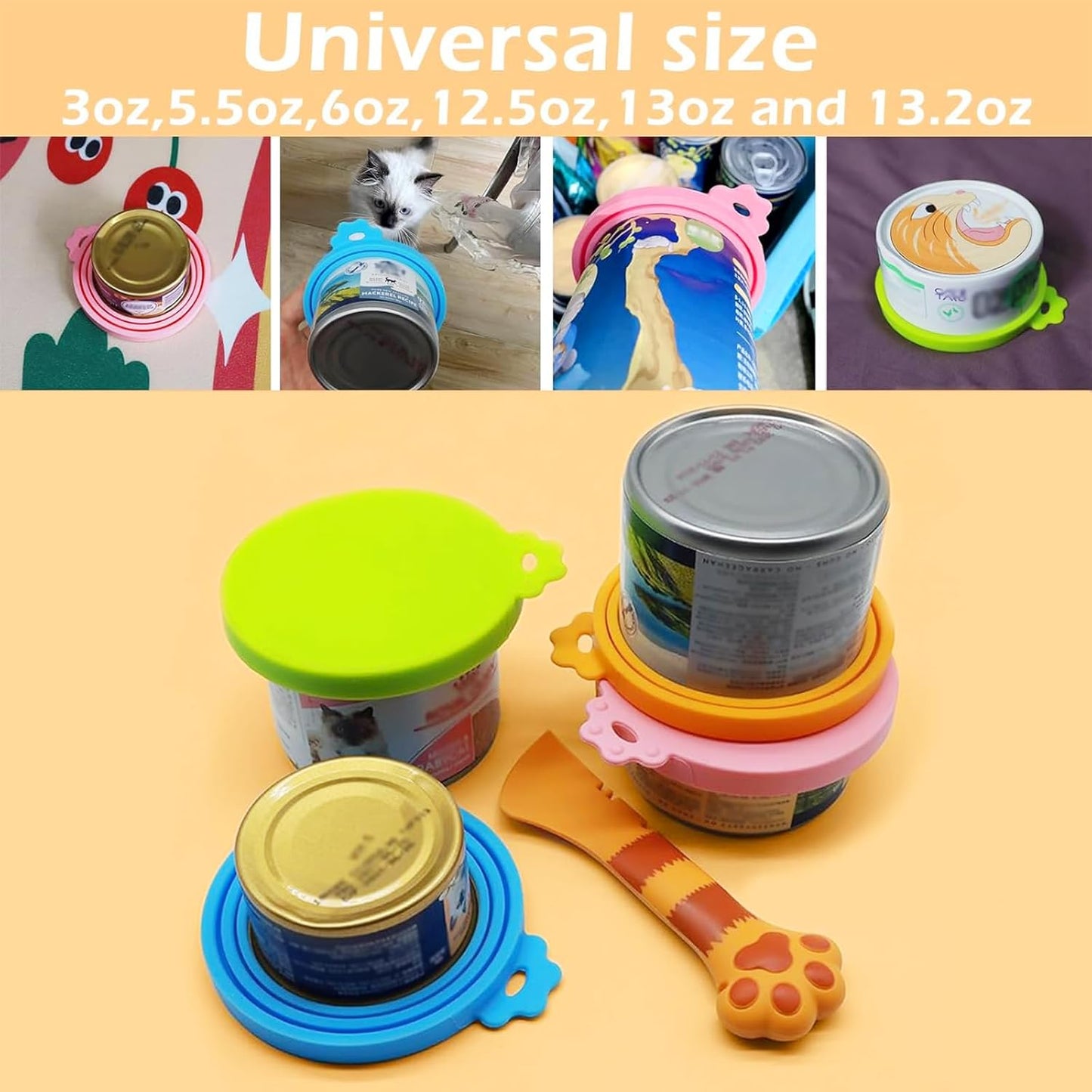 Food Can Spoon & Lids, One Multi-Functional Opener Spatula, 4 PCS BPA Free Silicone Universal Can Covers, Cute Paw Shape Spoon for Cat Dog Wet Food (Orange)