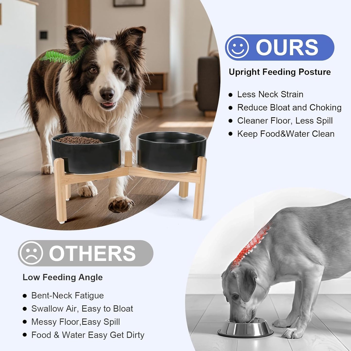 SPUNKYJUNKY Elevated Dog Bowls Ceramic, 7.3'' Dogs Food Water Bowls Raised with Non-Slip Bamboo Stand for Medium to Large Sized Breed Microwave Dishwasher Safe - 42 OZ,Black