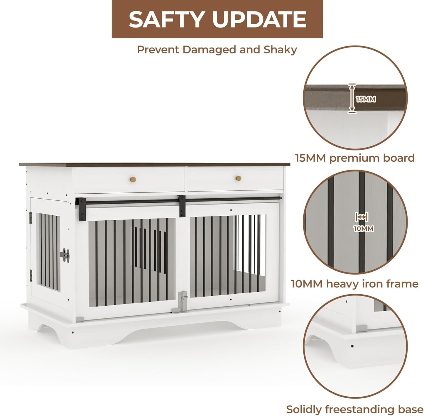 Dog Furniture Crate, 47" Large Dog Crate Furniture w/ 2 Storage Draws & Removable Divider for Large/Medium/Small Dogs (White, One Cage)