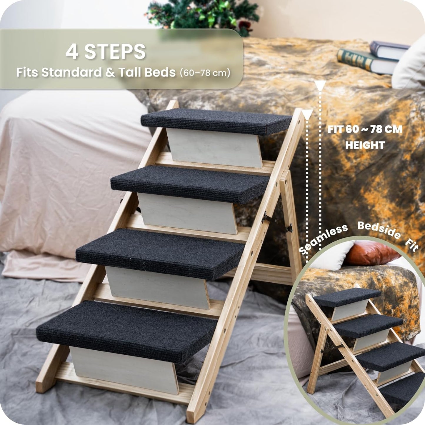 MEWANG Wood Pet Stairs & Ramp for Small/Medium Dogs and Cats, Aging Pets – 3-in-1 Foldable, Portable, Non-Slip Pet Ladder for Tall Beds, Couches,Cars–Holds Up to 220 lbs (24.8" L x 17.2" W x 19.5" H)