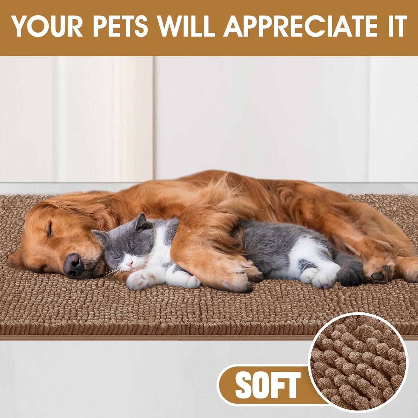 2 Pieces Muddy Door Mats for Dogs, Chenille Absorbent Pet Mats, Quick Dry, Trap Dirt Non Slip Heavy Indoor Doormat Soft Dog Bed Mat Front Inside Door Mat for Indoor Outdoor Entrance,Camel