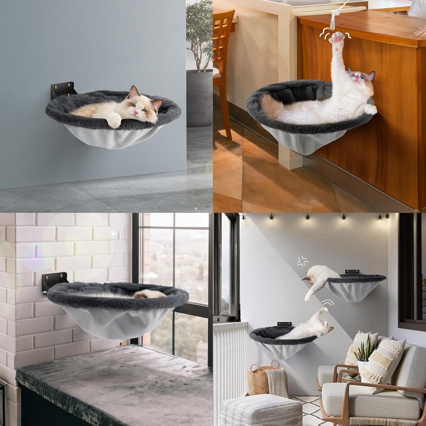 Cat Hammock Wall Mounted, Foldable & Stable Cat Beds- Breathable Cats Wall Shelves for Sleeping, Playing, Climbing, and Lounging - Maximum Hold Up to 30lb（Gray,Faux Rabbit Fur）