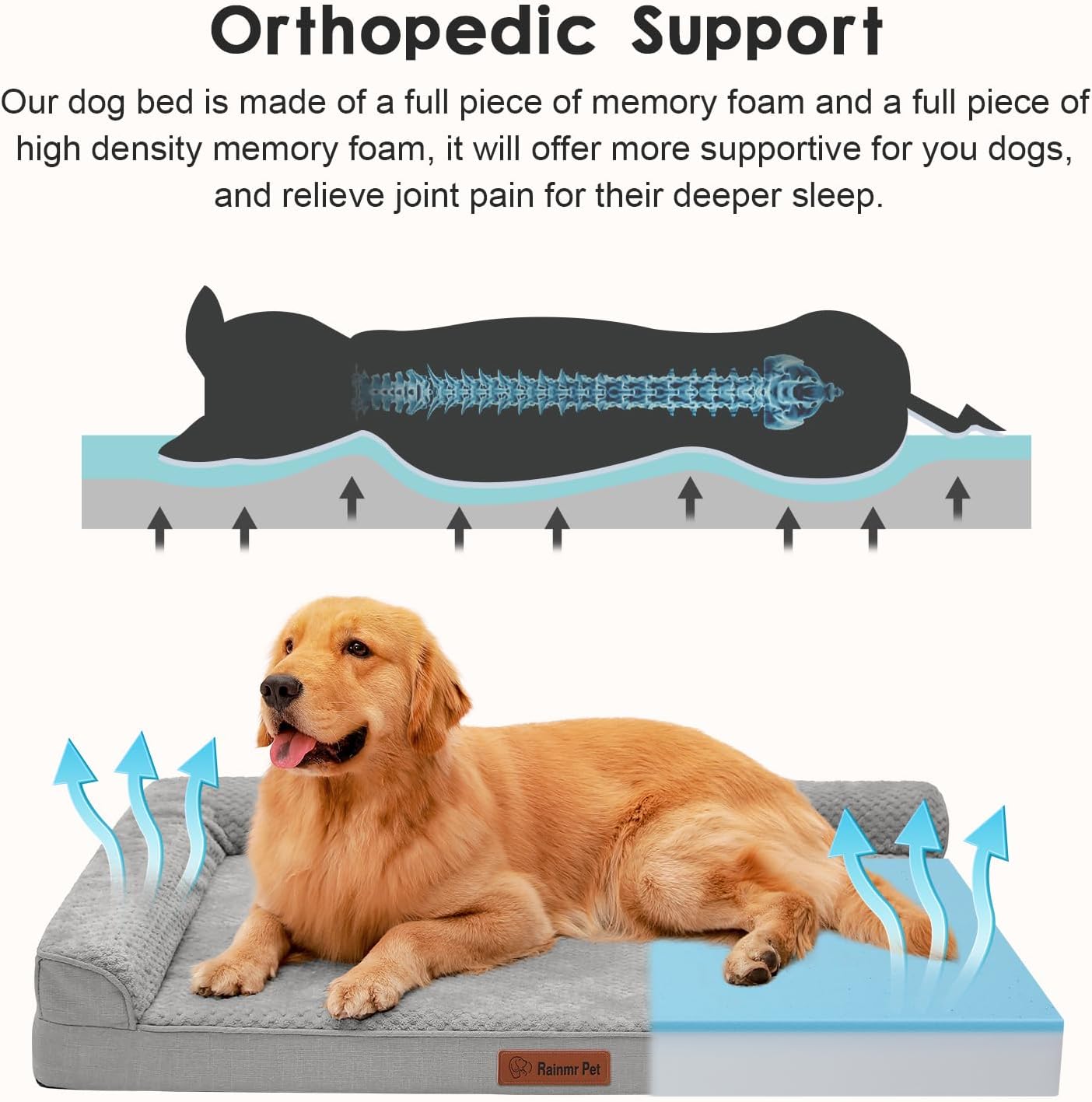 Orthopedic Dog Bed, 3 Inch Memory Foam Dog Beds for Large Dogs, Washable Removable Cover, Nonskid Bottom, Waterproof Pet Couch for Indoor, Outdoor or Car Use, 44x32 Inches XXL Light Grey