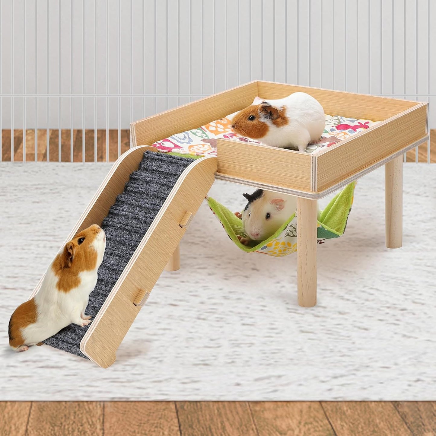 Guinea Pigs Hammock with Platform, Safe Wooden Guinea Pig Hideout with Stairs, Durable Small Pet Bed for Piggies Chinchilla Rat Hamster Bunny (Single Hammock)