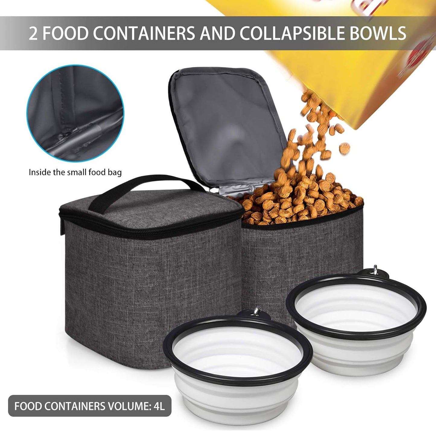 BAGLHER Pet Travel Bag, Double-Layer Pet Supplies Backpack (for All Pet Travel Supplies), Pet Travel Backpack with 2 Silicone Collapsible Bowls and 2 Food Baskets Grey