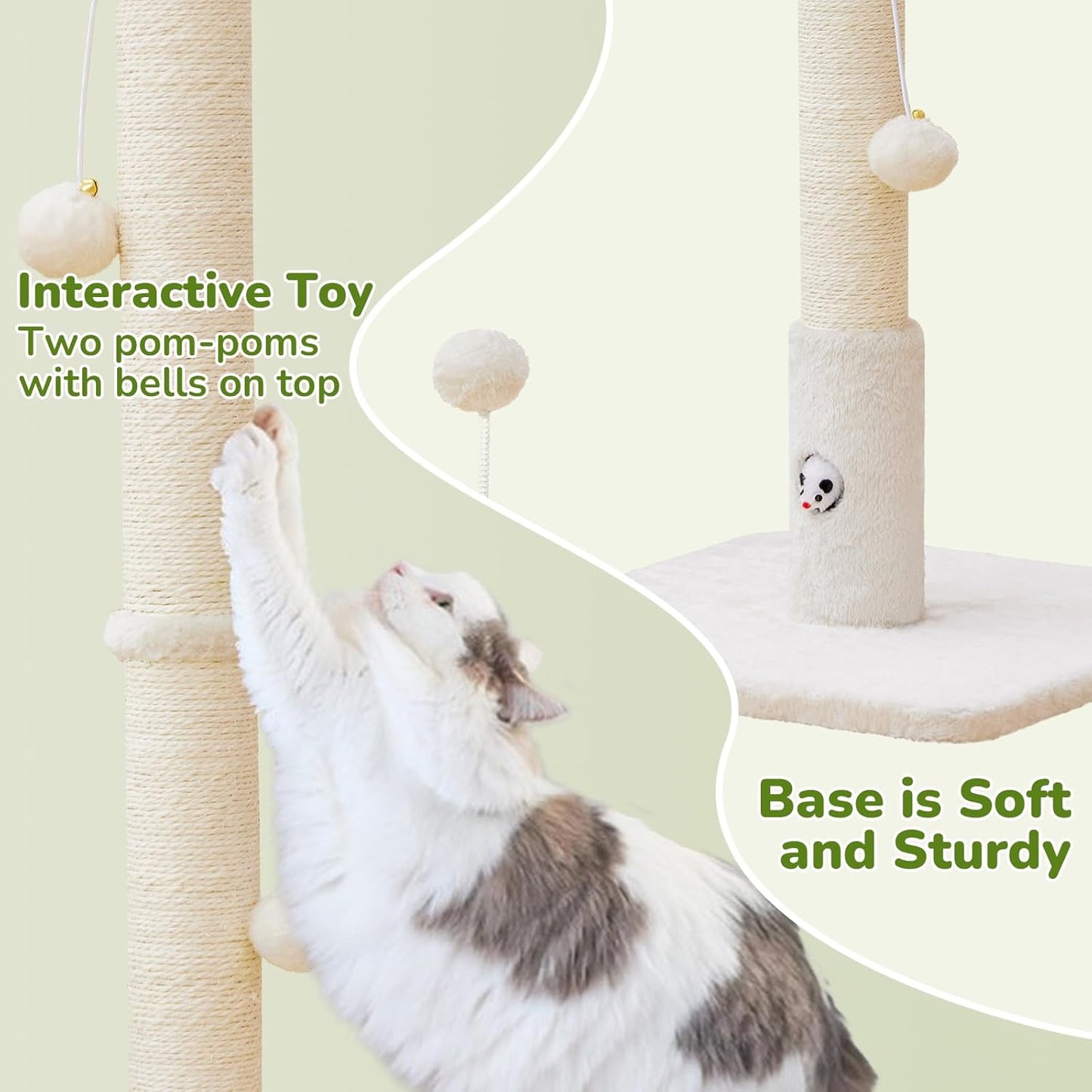 Cat Scratching Posts 33" for Adults Cats, Cat Scratcher with Soft Fabric Covering Base and Durable Sisal Rope, Scratcher with Fun Mouse Hole and Cat Toy for Tall Cats (White)