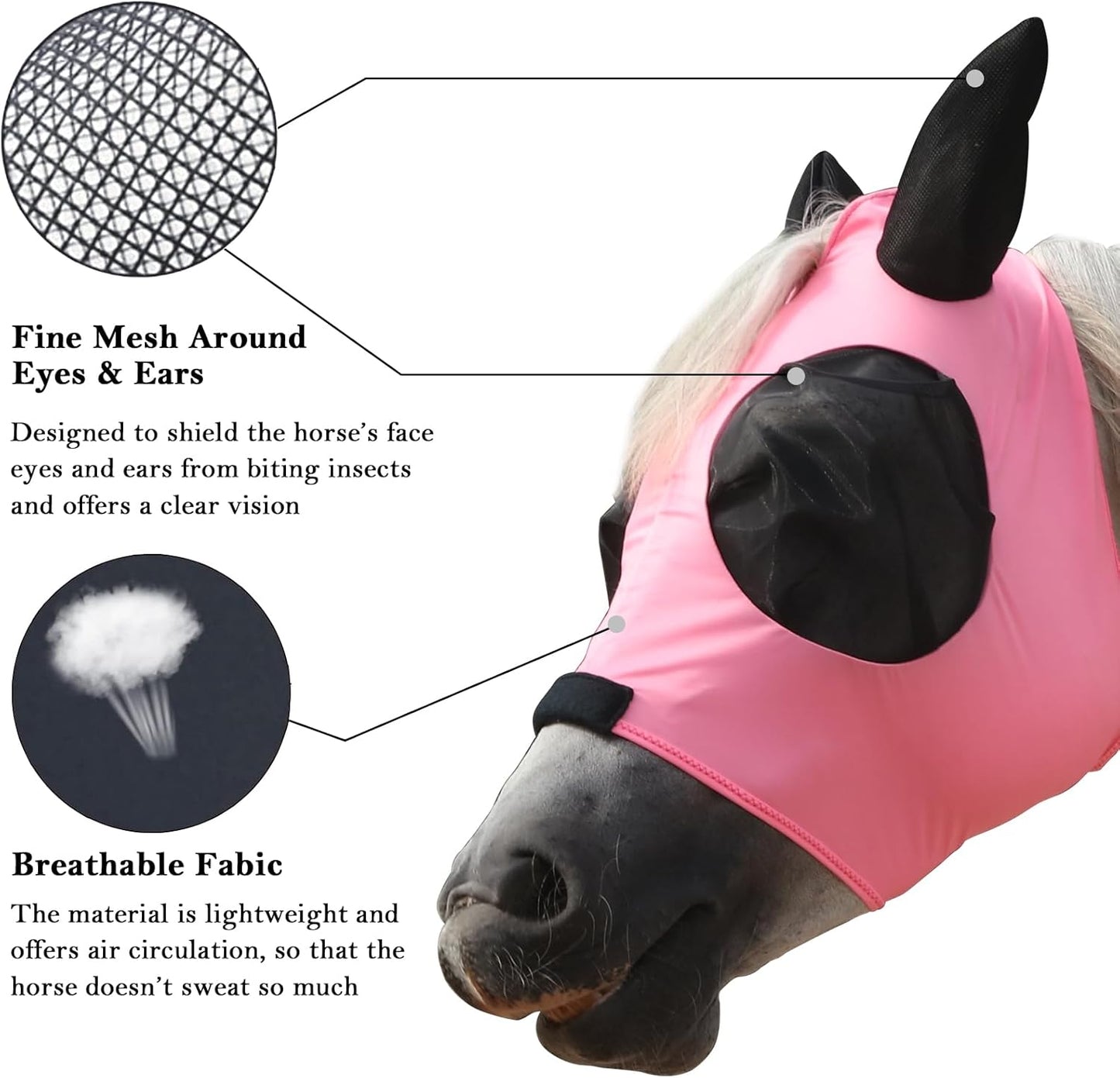 Horse Fly Mask with Ears - Large Eye Space for Full Vision, Breathable Stretch Comfort Fit, UV Protection, Forelock Opening, Easy Pull-On Pink Cob