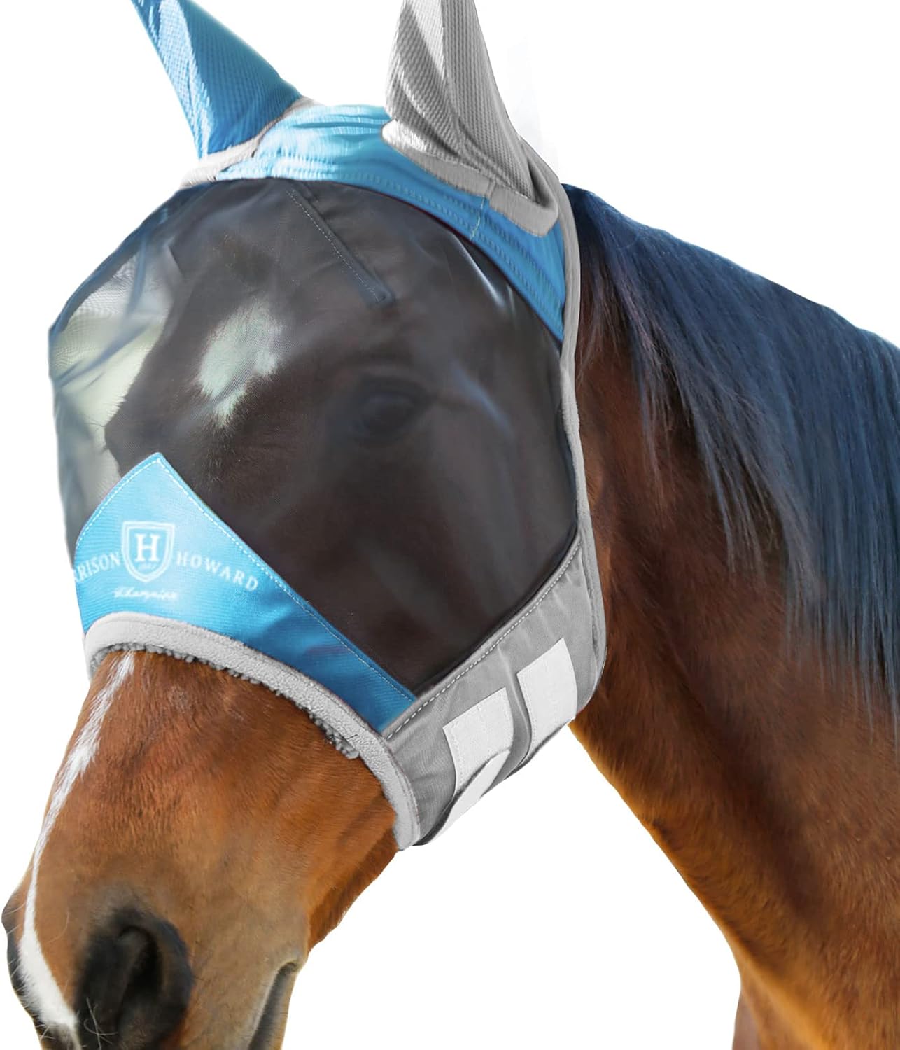 Harrison Howard Pro Luminous Horse Fly Mask Standard with Ears UV Protection for Horse Azure Blue/Silver XL Extra Full Size
