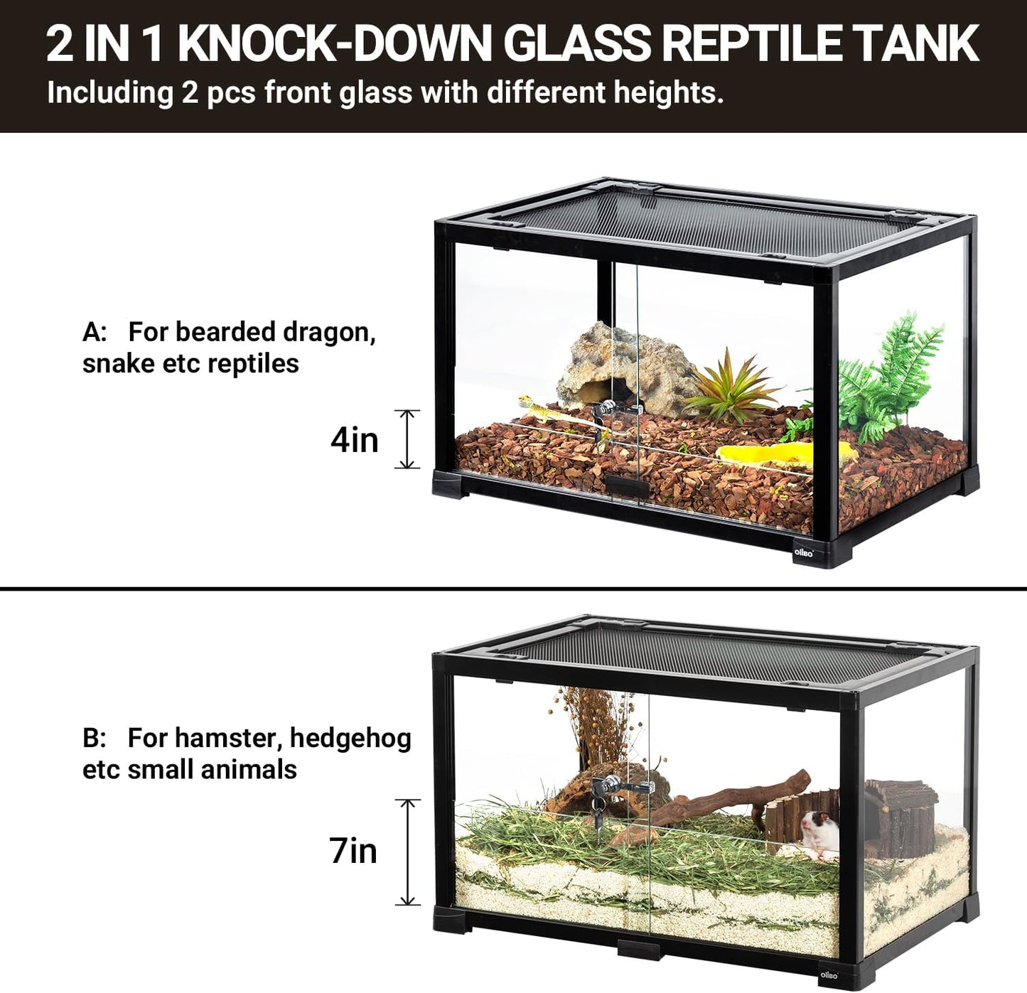 OiiBO Reptile Tank Terrarium 24" x 16" x 16", 2 in 1 Reptile Habitat Terrarium with Front Sliding Doors Screen Ventilation for Lizard Gecko Tortoise
