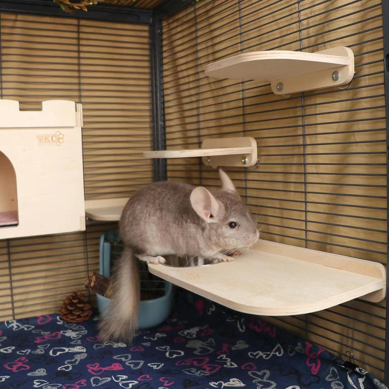 Chinchilla Wooden Platform Set, Pet Cage Platform with Feeding Bowl, Small Animals Cage Accessories for Chinchilla Squirrel Gerbil Suger Glider Hamsters (Feeding Platform + Small Platform)