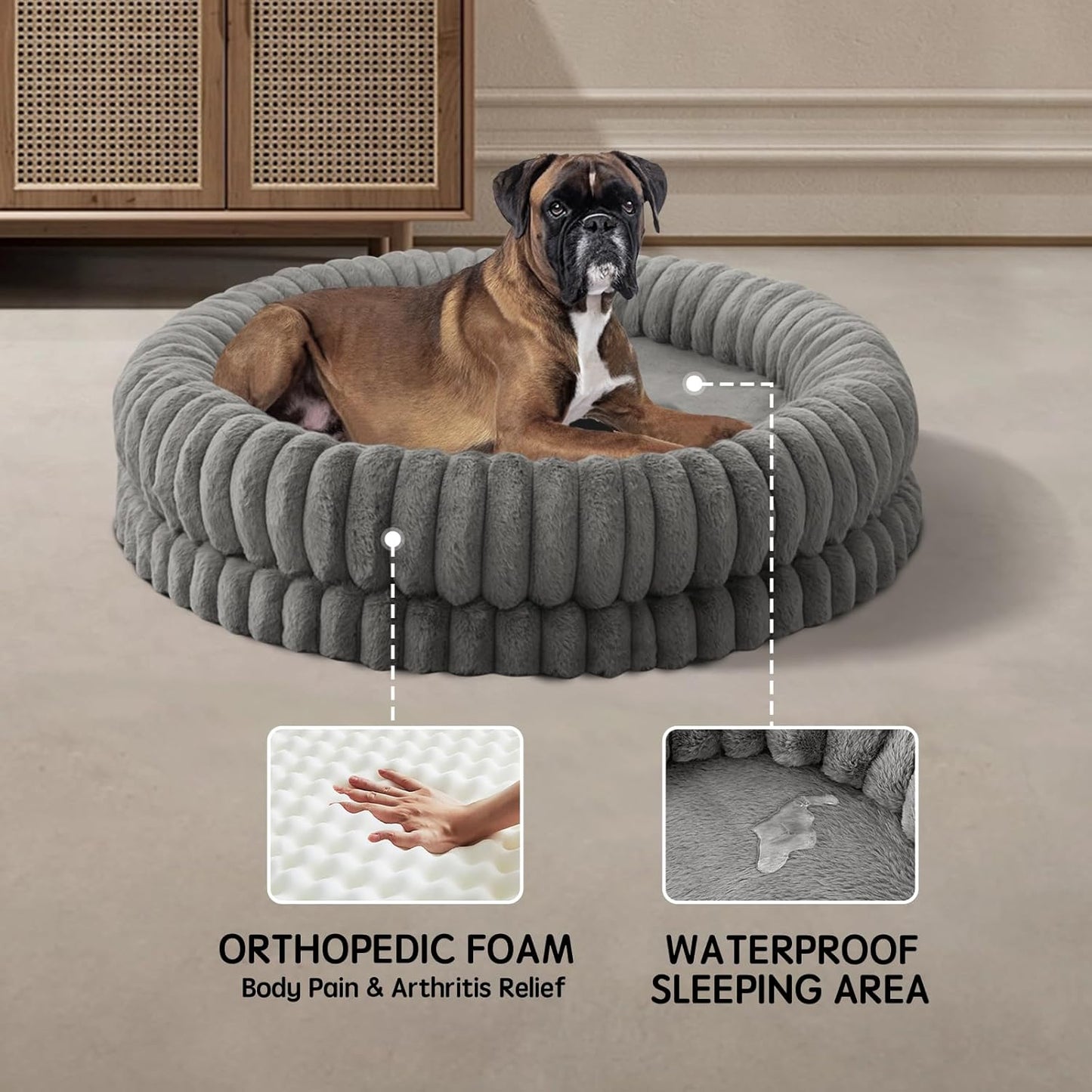 BALANCE Luxury Donut Dog Bed, 43 Inches Round Dog Beds Large Sized Dogs Washable, Orthopedic Calming Dogs Bed for Pets with Anti-Slip Bottom, Gray