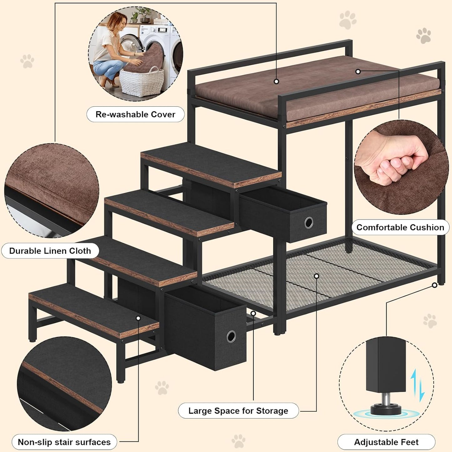 Pet Bunk Bed with Removable Stairs and 2 Drawers, Dogs/Cats Window Perch, Dog Window Seat with Soft Cushion, Ultra-Shallow Steps, Sturdy Metal Frame, Non-Slip
