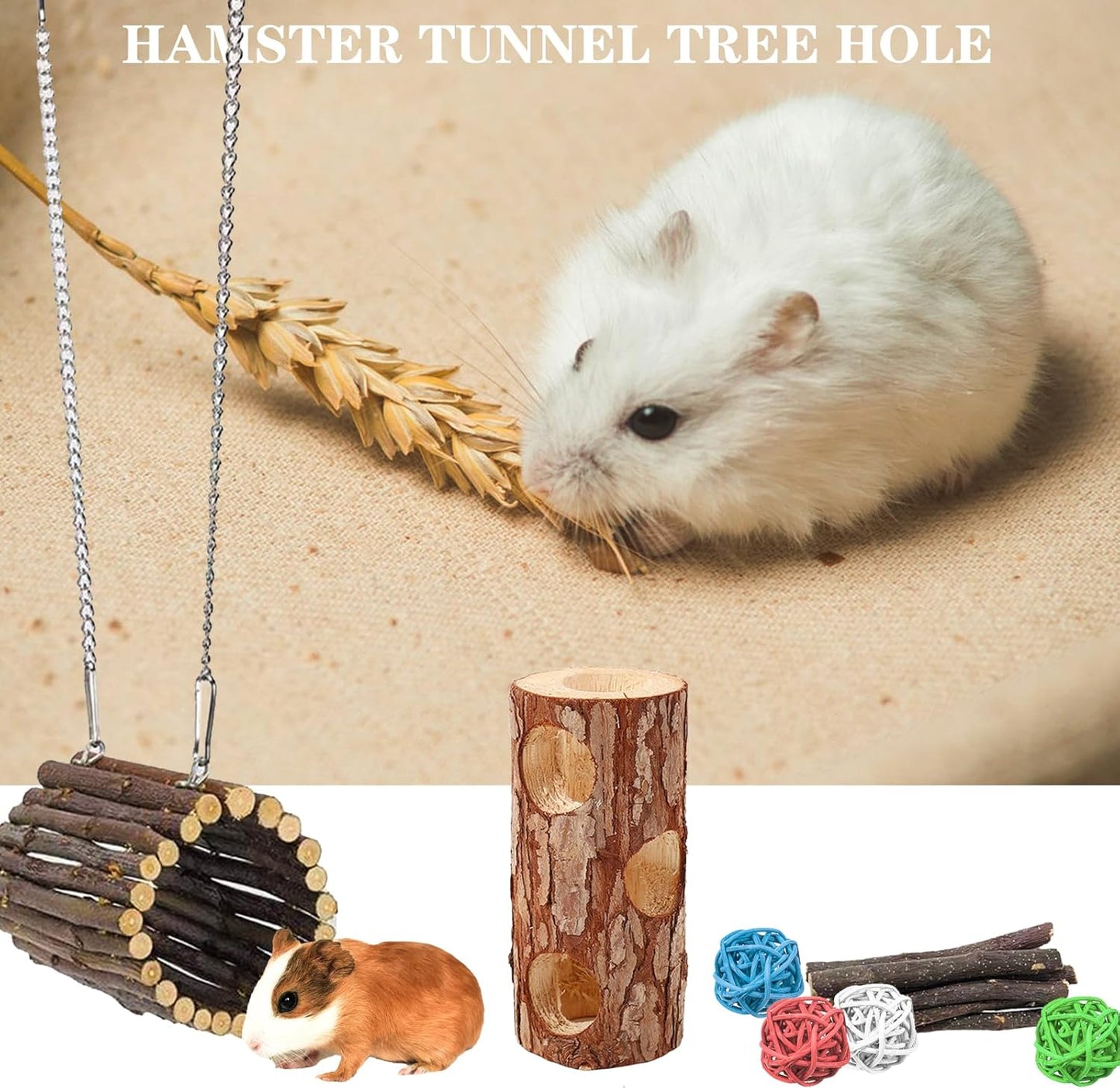 Natural Wooden Hamster Tunnels & Hideouts – Chew-Safe Birch Trunk Tubes for Dwarf Hamsters, Gerbils, Mice – Cage Accessories, Exercise Toy, Forest-Themed Small Pet Habitat