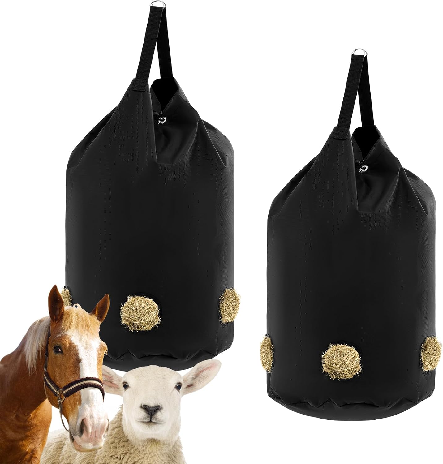 2 Pcs hay Bags for Horses Goats Slow Feed 1680D Oxford Bag Black Large Capacity Net Open Feed Hole Hay Holder for Horse Goats Sheep(5 Holes)