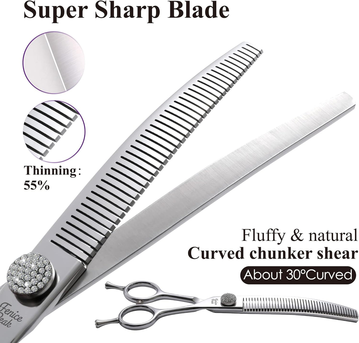 Fenice Peak 6.5‘’ Curved Thinning Dog Grooming Scissors with Jewelled Screw 440C Stainless Steel Pet Grooming Bulking Shears with Symmetrical Handle and Decorative Tail Nails Fluffy Scissors