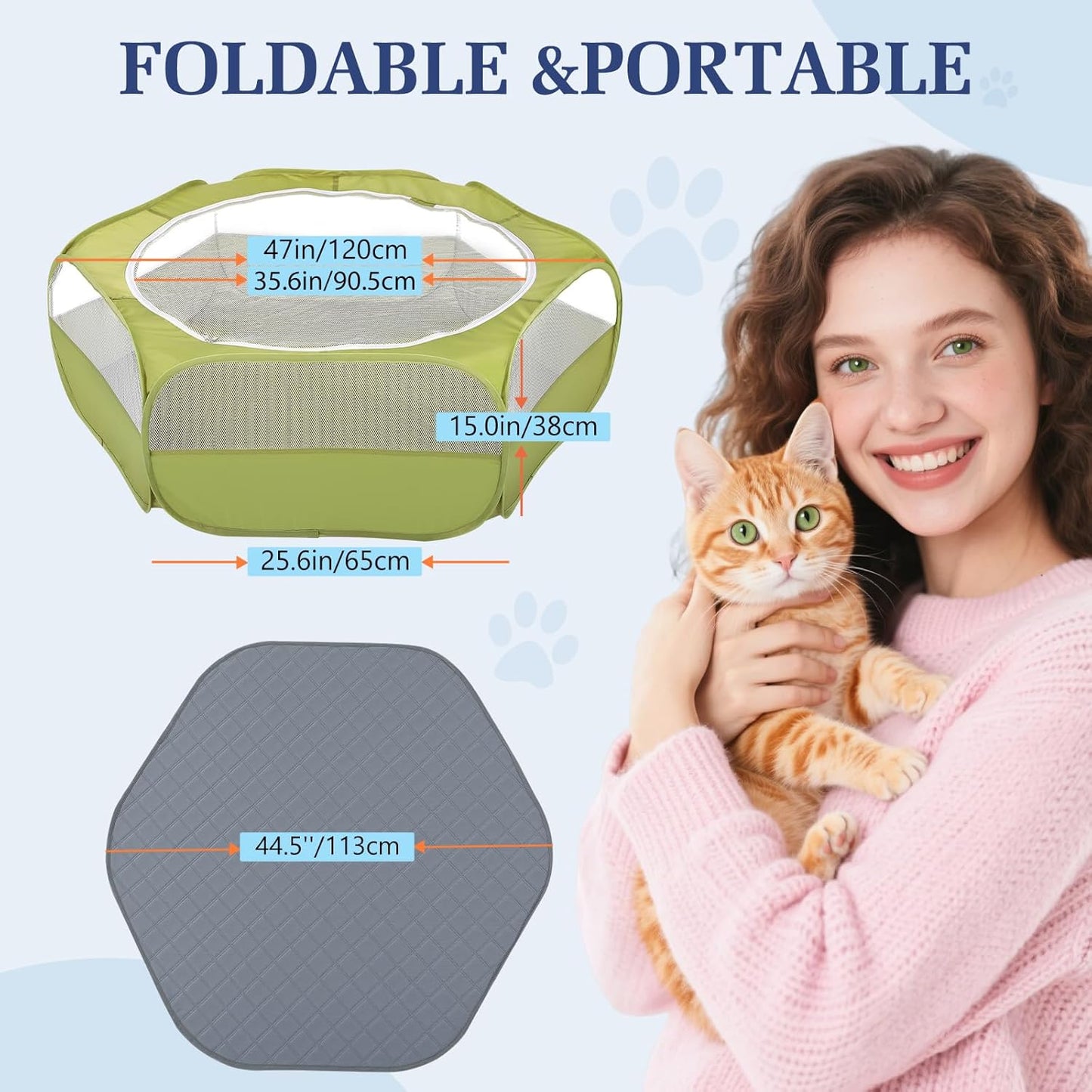 2-in-1 Small Animals Playpen with Pad, Waterproof Small Pet Cage Tent with Reusable Pad, Portable Outdoor Yard Fence with 3 Metal Rod for Chick/Kitten/Puppy/Guinea Pig/Rabbits/Chinchillas, Green