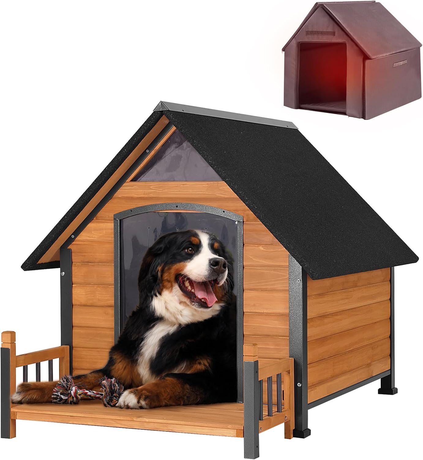 Outdoor Dog House with All-Around Insulated Liner Weatherproof Puppy Shelter Indoor Dog Kennel, Anti-Bite Dog Home for Large Breed with Porch (Brown, 50.8" D x 37.4" W x 37.2" H)
