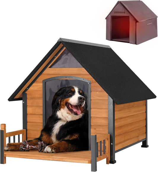 Outdoor Dog House with All-Around Insulated Liner Weatherproof Puppy Shelter Indoor Dog Kennel, Anti-Bite Dog Home for Large Breed with Porch (Brown, 50.8" D x 37.4" W x 37.2" H)