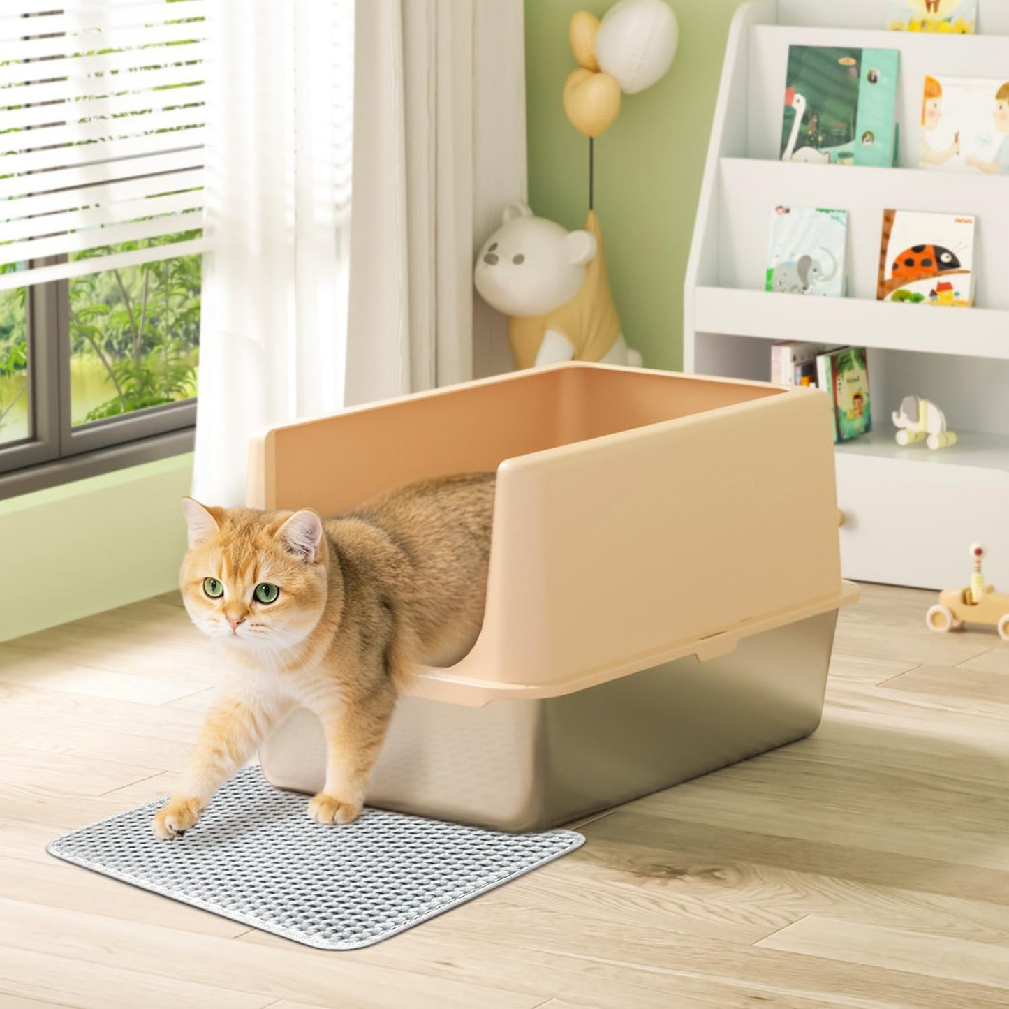 Stainless Steel Cat Litter Box, Metal Litter Box with Lid, 14" Extra Large Litter Boxes for Big Cats, High Sided Beige Cat Box Enclosure Blends with Home Decor, Non-Sticky, Anti-Leakage, Easy Clean
