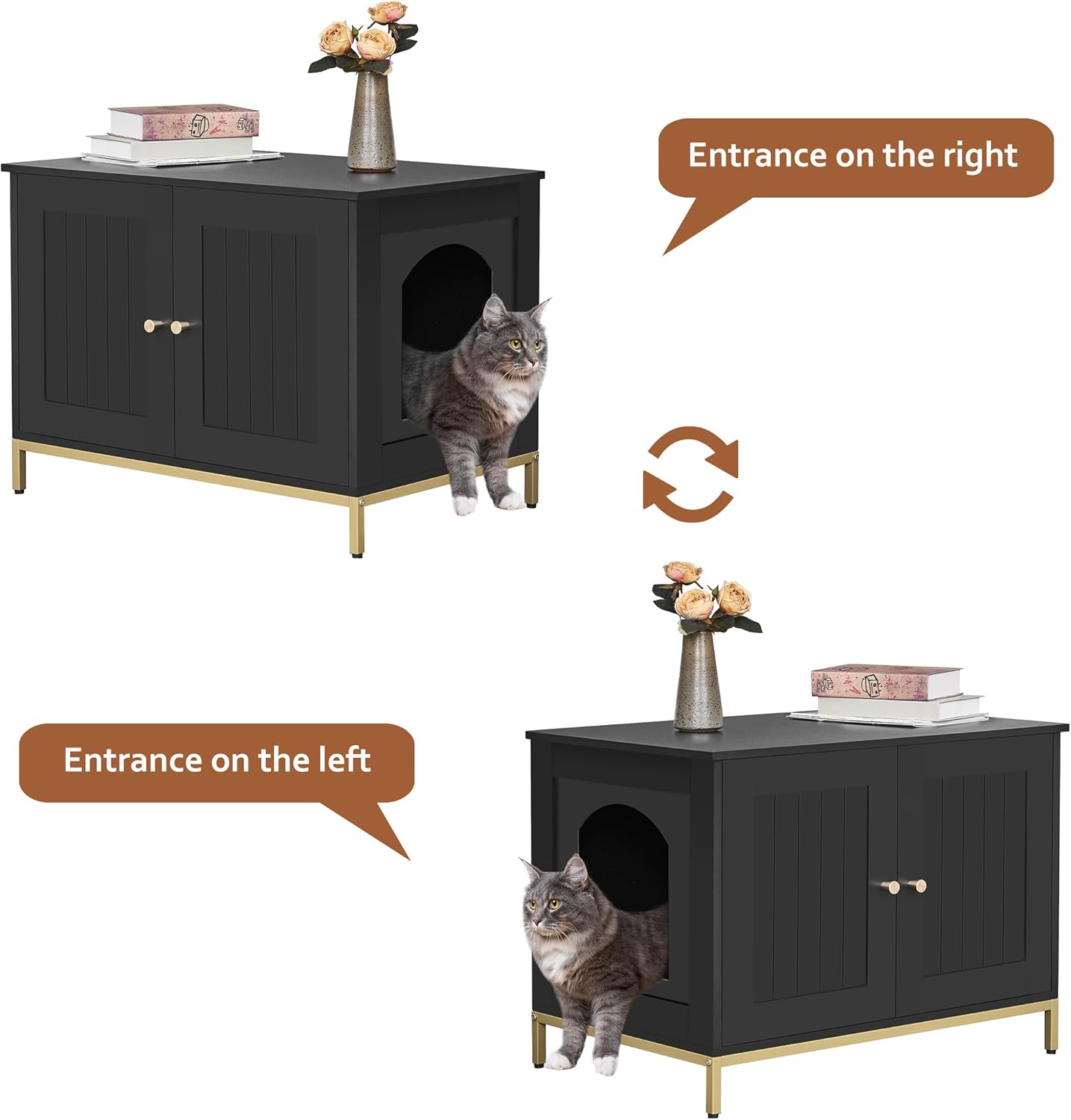 Homhedy Cat Litter Box Enclosure, Cat Washroom Furniture with Metal Frame, Pet House, Fit Most of Litter Box, Modern Style, Black and Gold