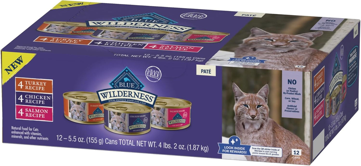 Blue Buffalo Wilderness High Protein, Natural Adult Pate Wet Cat Food Variety Pack, Chicken, Salmon, Turkey 5.5-oz can (12 count - 4 of Each Flavor)