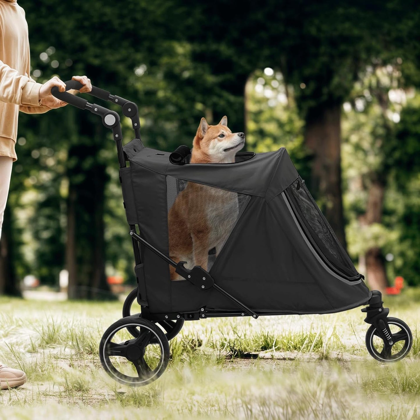 Magshion Pet Stroller for Medium Dogs w/Adjustable Handle, 3-Wheel Dog Cat Wagon w/Dual Entry, Rear Storage, Breathable Mesh, One-Foot Brake, Ideal for Large Pets up to 55 lbs, Black