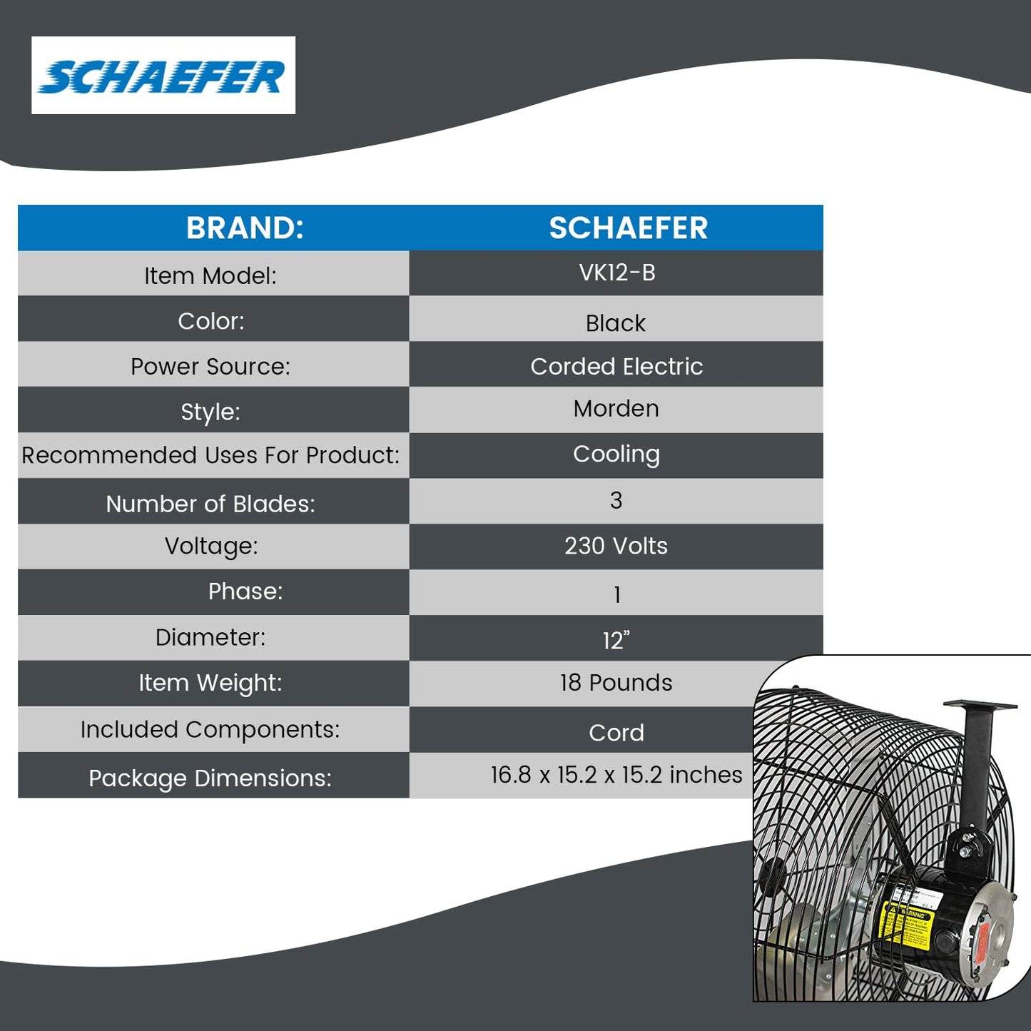 Schaefer VK12-B VersaKool Air Circulator Ceiling Wall Mount Greenhouse Fan & Aluminum Blade, 1470 CFM, 1/10 hp, Energy-Efficient Commercial Fan for Patio, Garage, Industrial & Workshop (Black)