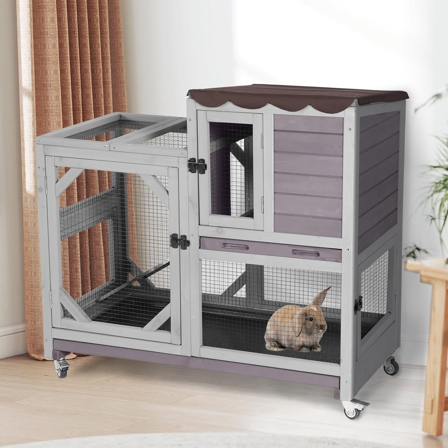 Aivituvin Rabbit Cage Indoor Outdoor Bunny Hutch on Wheels, 2 Story Wood Guinea Pig Cages with 2 Deeper Pull Out Trays (Gray)