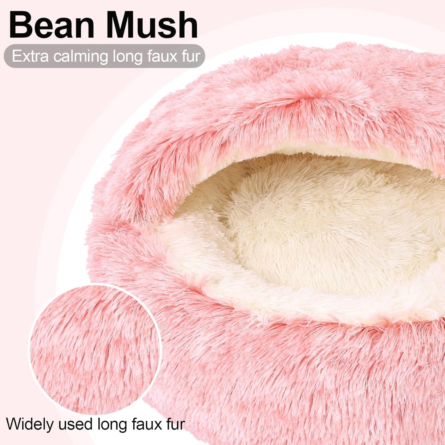 Calming Bean Mush Beds & Cat Cave with Hooded Cover, Removable Washable Round Beds for Small and Medium Pets, Anti-Slip Faux Fur, Fits Up to 15/25 lbs